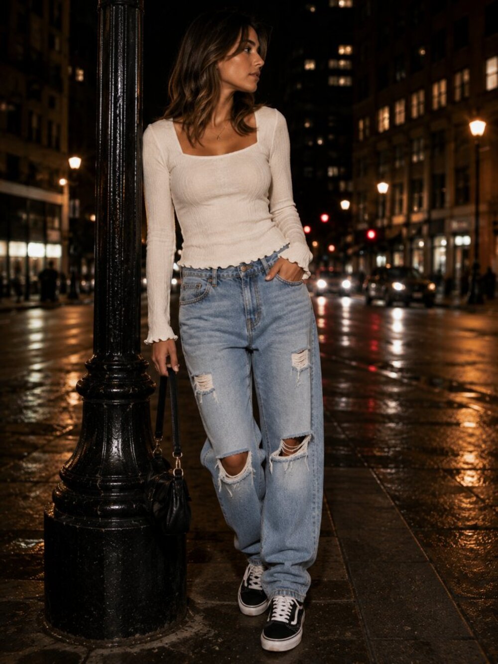 Le Lis White Ribbed Long Sleeve Square Neck Top Made in USA